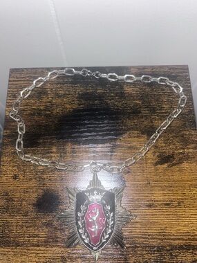 Vintage Crest Shield Lion Pendant Chain Necklace with Red Enamel Accent